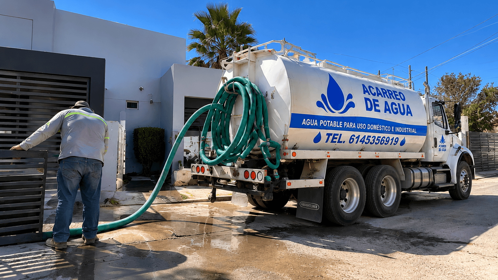Pipa de agua abasteciendo una vivienda con manguera